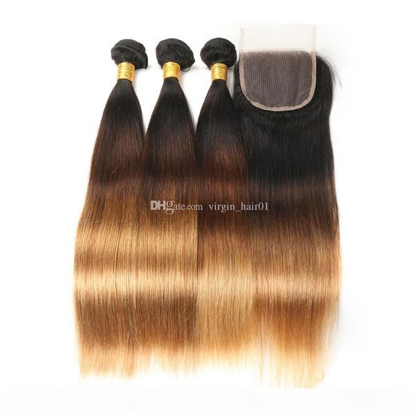

three tone peruvian virgin hair with lace frontal silk straight 1b 4 27 colored honey blonde unprocess hair with 13*4 frontal closure, Black;brown