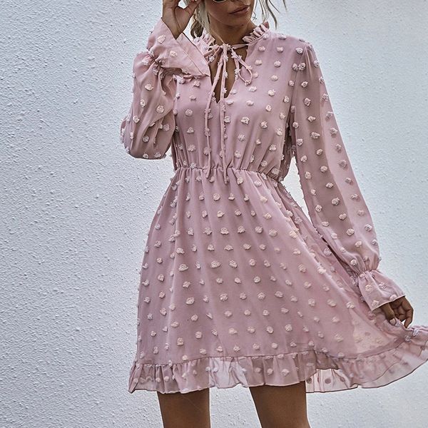 

2021 new women spring pompom ruffle casual flare sleeve lace up a line solid female chic slim street office midi vestidos gm1e, Black;gray
