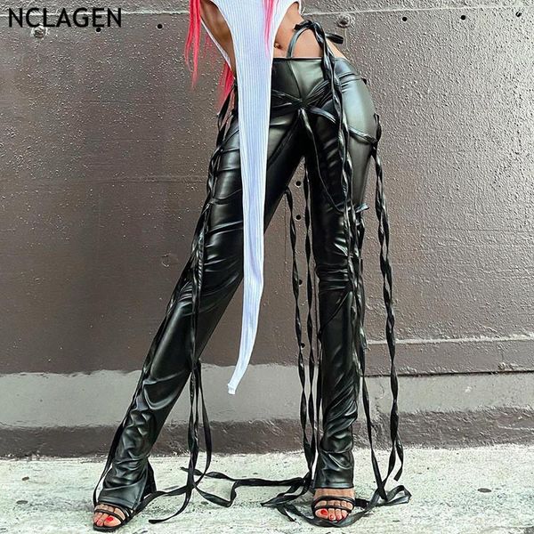 

nclagen cool lady pu pants ribbons patchwork party club disco skinny trousers side split women faux leather biker punk pants, Black;white