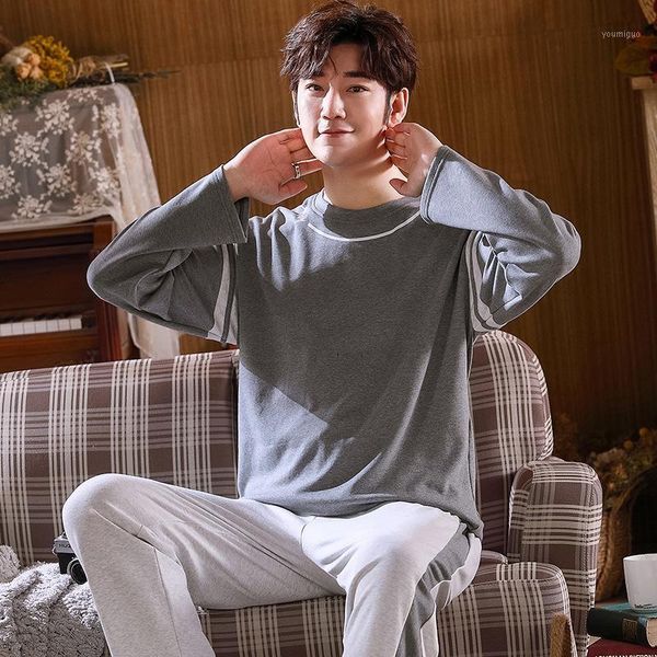 

autumn winter men's cotton pajamas set simple gray sleepwear soft comtable pajama casual male pyjamas plus size pijamas1, Black;brown