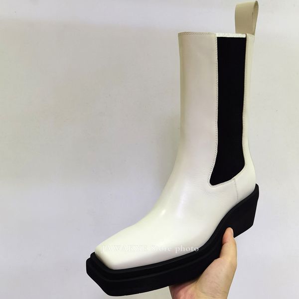 

новый квадратный носок натуральная кожа mid-calf boots для женщин на платформе ботинки леди черный короткий ботинок коренастый каблук ковбой, Black