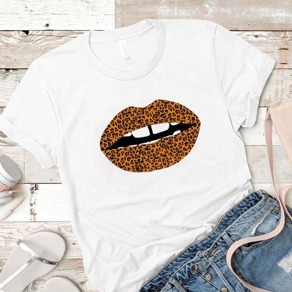 

women lady t shirt leopard lip lover print tshirt ladies short sleeve loose tee shirt women female clothes graphic t-shirt, White
