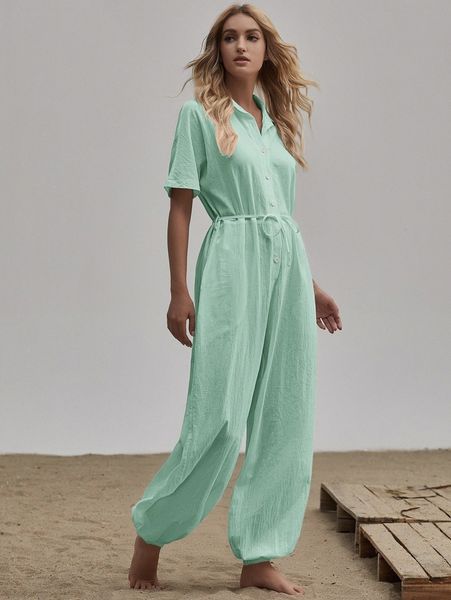 

pocket patched self belted shirt jumpsuit q87u#, White