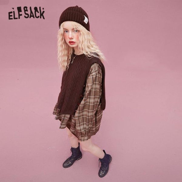 

elfsack plaid chic button casual pullover knit sweaters women,2020 autumn elf vintage korean ladies daily soft preppy, White;black