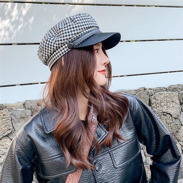 

berets phle hat female autumn and winter net red houndstooth octagonal retro fashion beret sboy tide, Blue;gray