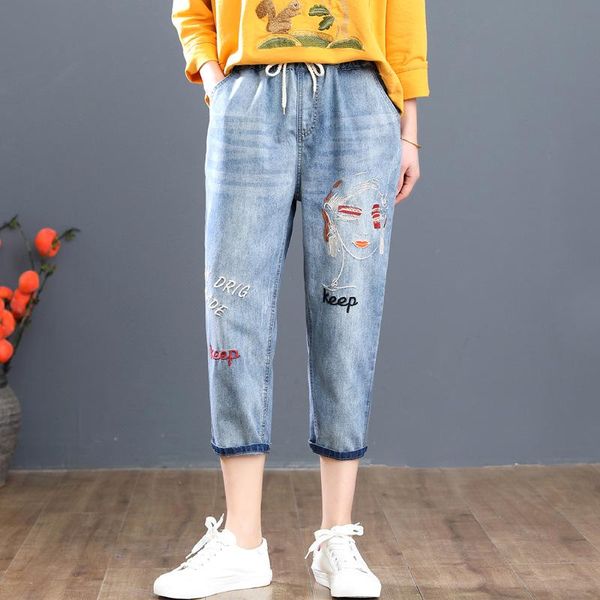 

women's jeans women fashion korea style vintage hole girl embroidery calf-length denim female casual loose harem pants jean femme, Blue