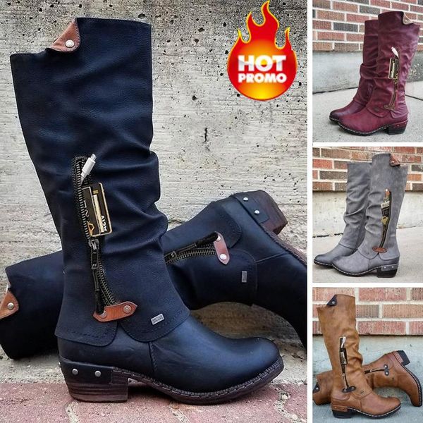 

boots women knee high winter western punk warm shoes side zipper woman cowboy ladies booties female, Black