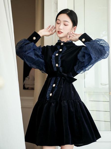 

banulin 2020 new autumn winter lantern sleeve runway velvet dress women mesh dot patchwork female chic bow tie up dresses1, Black;gray