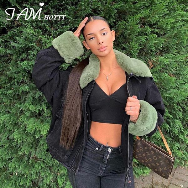 

denim jacket with fur women vintage down warm qualited jean coat female autumn outwear removable furry collar clothes iamy, Black;brown