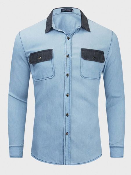 

men colorblock button up flap pocket denim shirt i0tu#, Blue