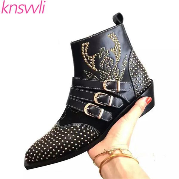 

boots fashion rivets studded ankle for women pointed toe buckle kitten heels winter shoes ladies black leather cowboy