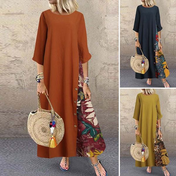 

zanzea women autumn o neck 3/4 sleeve pacthwork dress vintage floral printed party sundress robe femme loose vestido plus size y0118, Black;gray