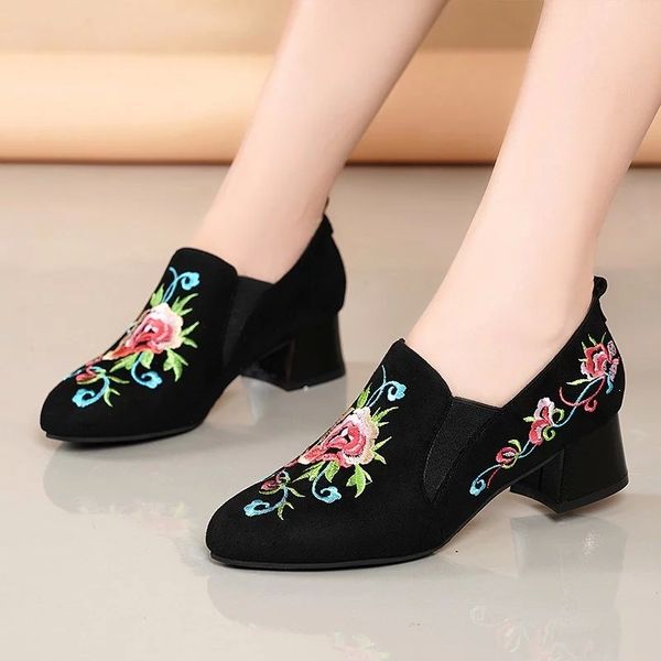 

spring autumn women dress shoes flowers embroidery pumps woman boat shoes faux suede retro bare female zapatos mujer 8159n #zf3l, Black