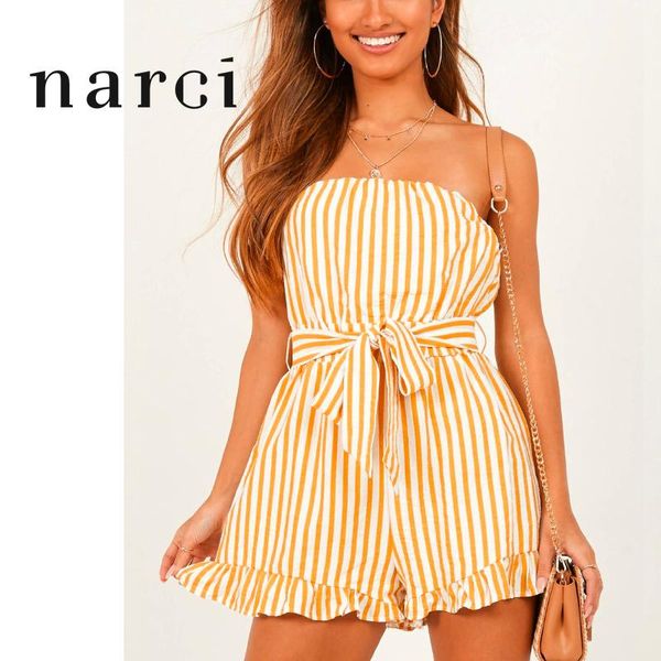 

women's jumpsuits & rompers narci yellow stripe strapless playsuit with waist belt casual wide leg mini length womens jumpsuit summer 2, Black;white