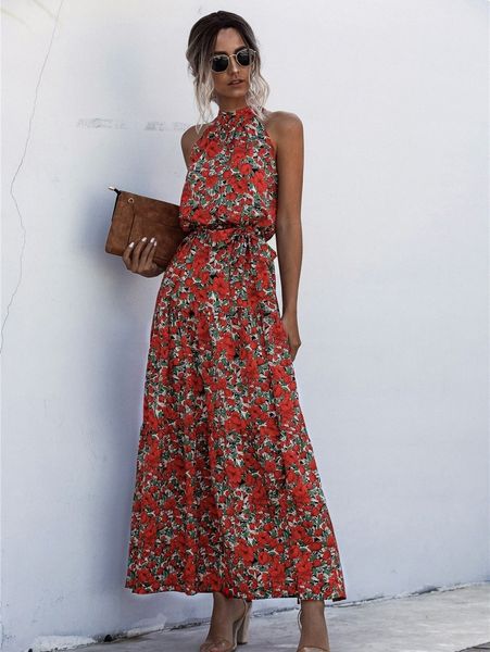 

allover floral print ruffle hem belted halter dress e3mm#, Black;gray