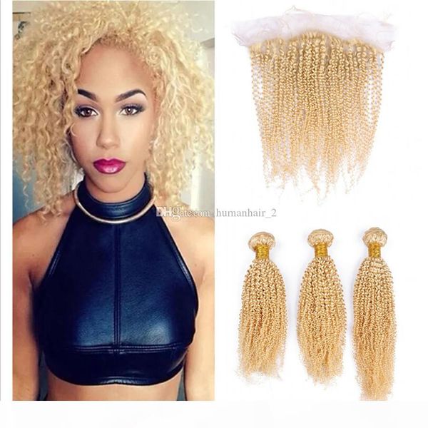 

#613 blonde kinky curly lace frontal with bundles afro kinky blonde human brazilian virgin hair with ear to ear lace frontal closure, Black;brown