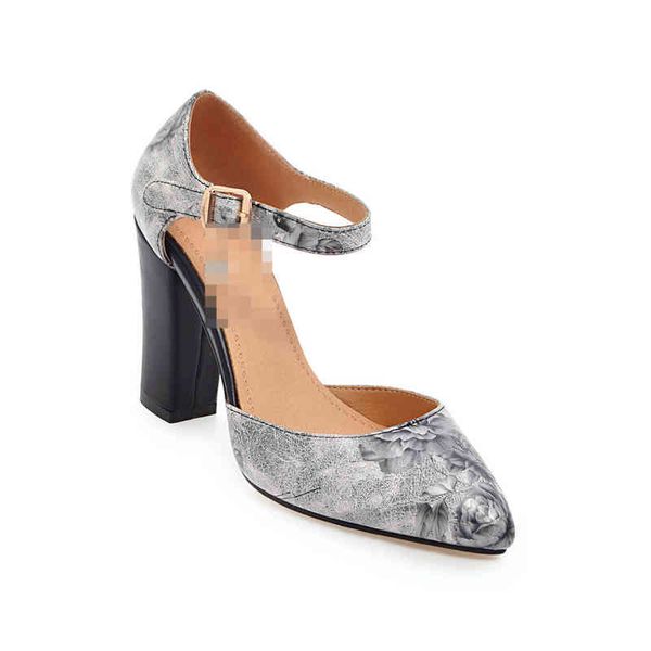 

printed women's sandals buckle thick heel versatile single shoe size, Black