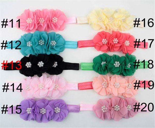 

cute newborn baby girls headbands chiffon flowers rhinestone hair accessories kids children elastic pearl hairbands princess headwear, Slivery;white