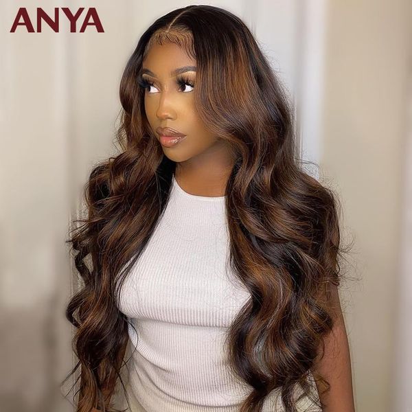 

lace wigs anya brown highlights body wave 13x4 transparent front pre plucked wig peruvian virgin human hair for black women, Black;brown
