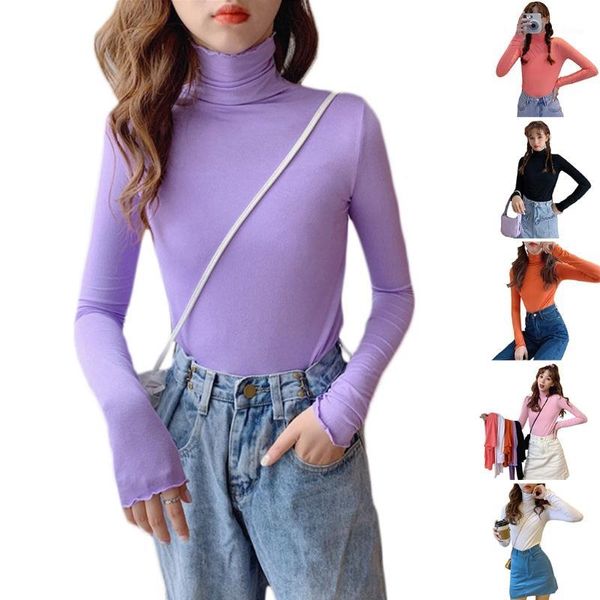 

women autumn long sleeve turtleneck t-shirt korean plain solid color basic pullover ruffles trim slim fit streetwear1, White