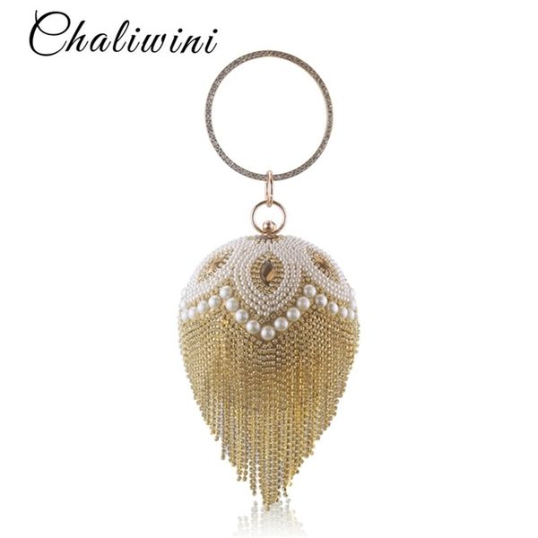 

lady tassel pearl beaded round ball wedding women evening bag bridal crystal knucklebox clutch purse handbag y201224