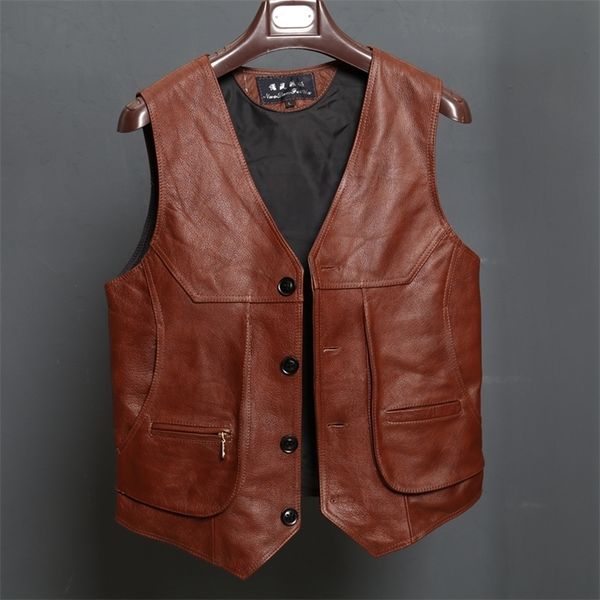 

bonjean new arrival leather motorcycle vest mens slim fit real brown cow genuine leather waistcoat bikers vest size -8xl 201216, Black;white