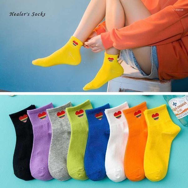

fashion women socks cotton funny color rainbow love soft happy cute harajuku college style hip hop casual girls ankle socks11, Black;white