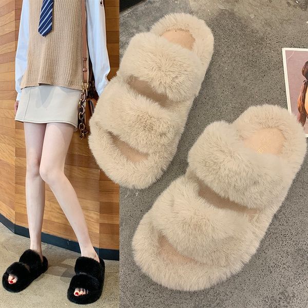

house furry women slippers trend plush warm ladies winter shoes slip-on flats solid home women slippers, Black
