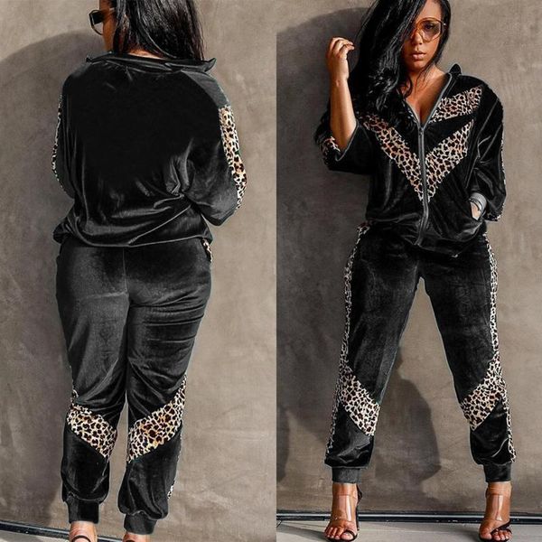 

new autumn women sets leopard patchwork tracksuits velvet 2 pieces set fashion zipper long sleeve coats jogger pants sportswear, Gray