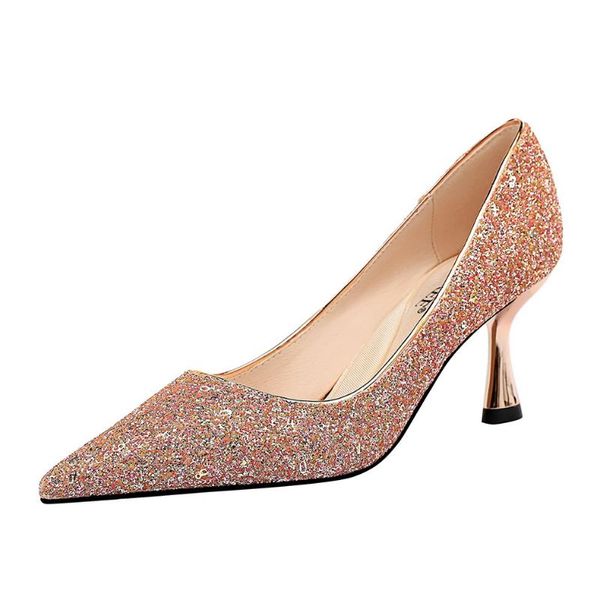 

2021 new spring women pumps high thin heels pointed toe metal decoration bling bridal wedding women shoes gold high heels, Black