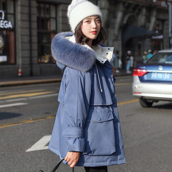 

thick winter fluffy duck down women's coats were thin leather jackets fox fur collar hood parkas with large pockets, Black