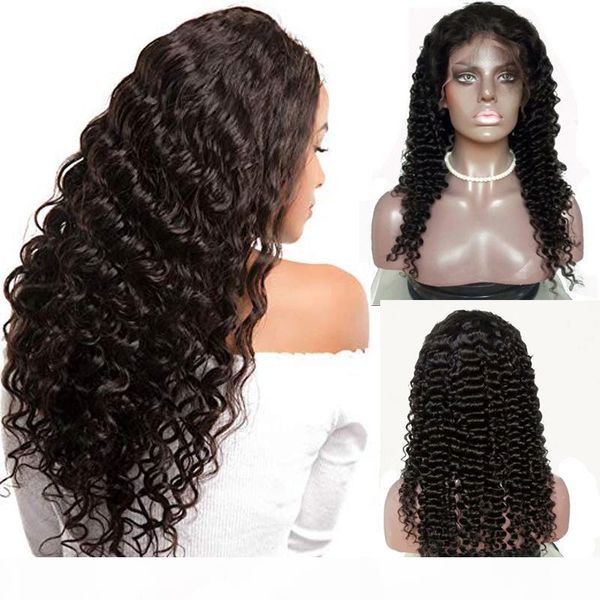 

glueless human hair lace front wigs deep curly brazilian virgin hair lace front wig for black women 150% density with baby hair, Black;brown
