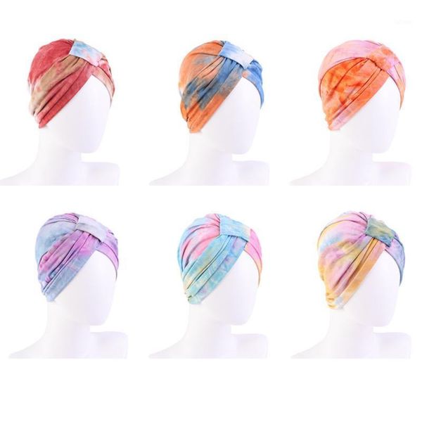 

women modal tie dye turban hat muslim chemo cancer cap bonnet islamic hair loss hat head scarf turban chemo cap arab fashion new1, Blue;gray