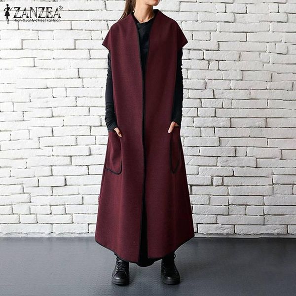 

women vests jackets sleeveless belt thin coat 2020 zanzea autumn winter overcoat pockets full length long maxi jackets plus size, Black;white