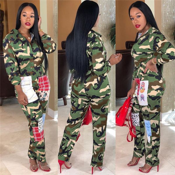 

women new zip open turn-down neck long sleeve camouflage safari style jumpsuits fashion rompers outfits, Black;white