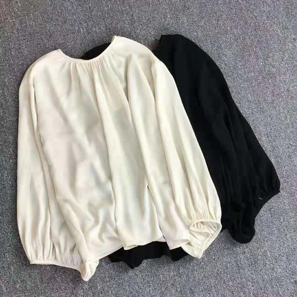 

round neck pleated lanterns large sleeves drop shoulder shirt women, White