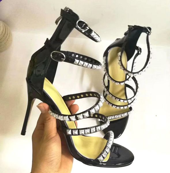 

rivets gold silver legs gladiator belts sandals women's lifts from her foot-off styrofoam ladies summer cut out shiny the high hu5r, Black