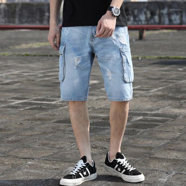 

summer large size cotton casual shorts men's quality tooling style denim shorts men's straight loose denim size 28-421, Blue