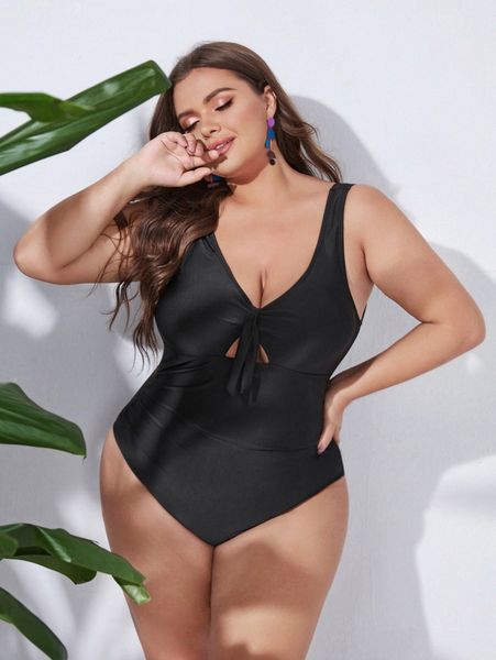 

plus cut-out knot one piece swimsuit u8pg#, Black