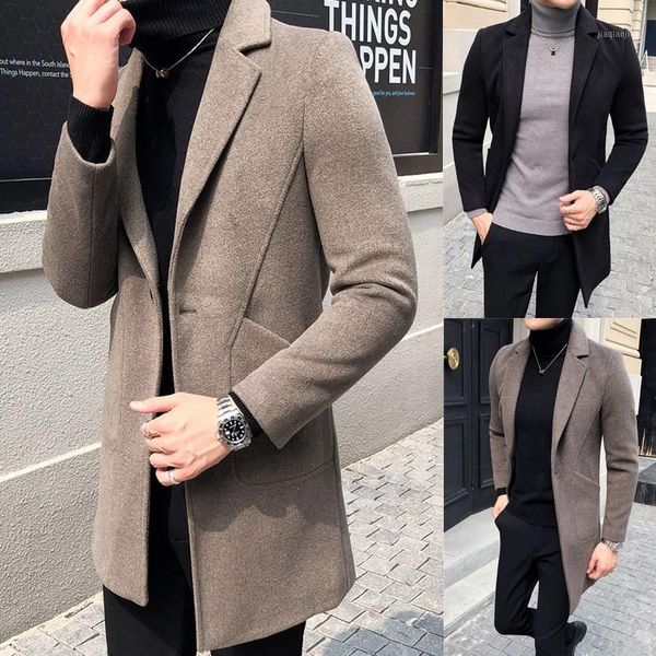 

new men's windbreaker mid long woolen coat men's korean plaid coat1, Black