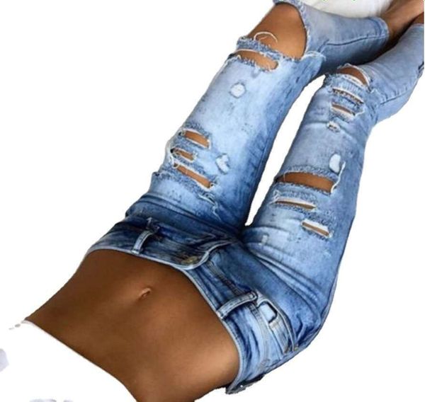 

autumn and winter 2020 new women's fashion hole denim pants leggings, Blue
