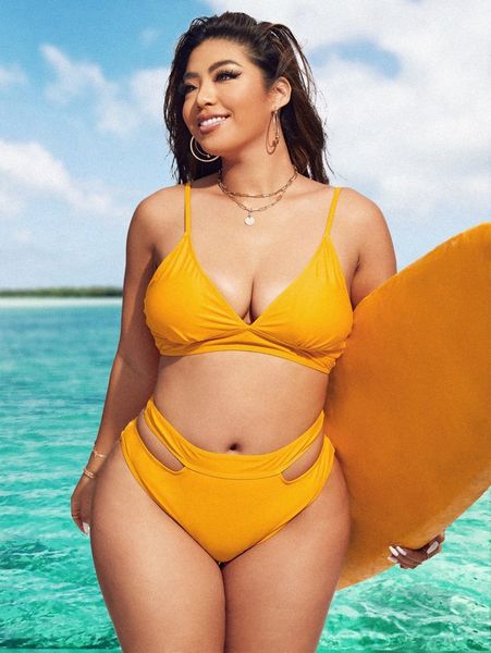 

plus cut-out high waisted bikini swimsuit 05yg#, Black