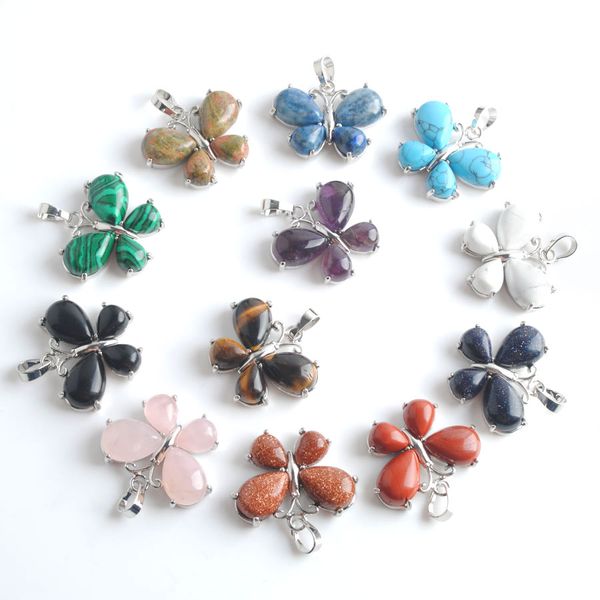 

wojiaer cute 23x30mm pendant obsidian amethyst tiger eye aventurine lapis opalite butterfly charms inlaid be901, Silver