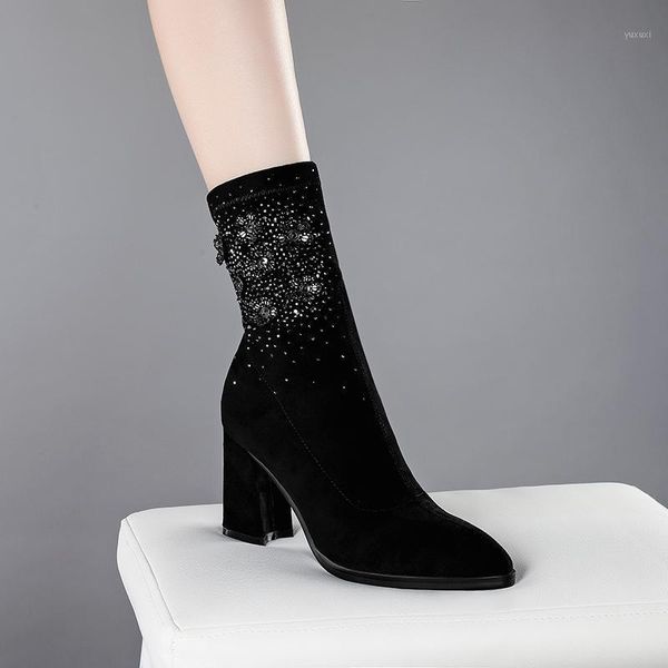 

boots band design crystal decoration ladies stretch fabric high heels women pumps winter party working shoes woman1, Black