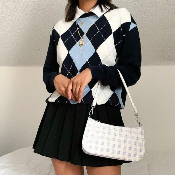 

sweater women plaid college style bottoming knit pullover o-neck japanese fashion fall 2020 winter clothes woman sweaters, White;black