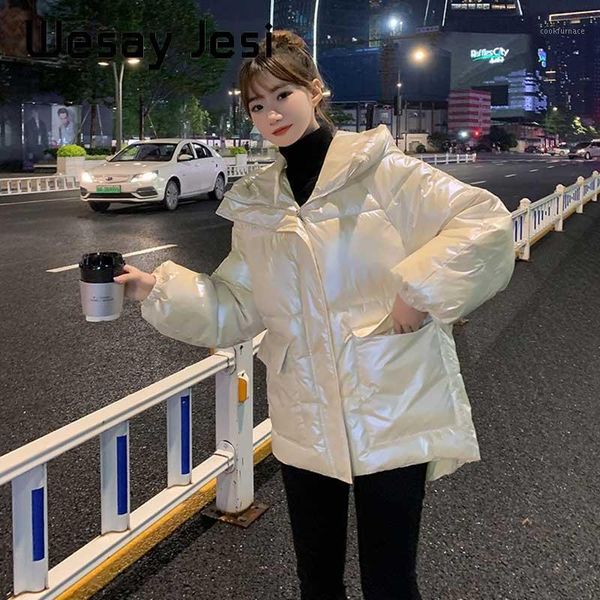 

shiny 2020 winter parkas coat women thick warm glossy jacket coat solid stand collar hooded big pocket female jacket for winter1, Black
