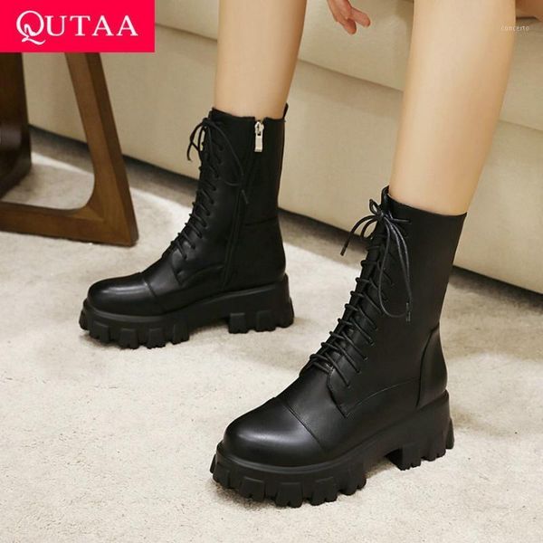 

qutaa 2021 square high heel women shoes lace up zipper platform mid calf boots round toe pu all match short boots size 34-431, Black