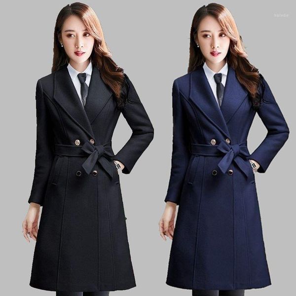 

autumn-winter version elegant long jacket fashion double-breasted women's lapel black. navy blue formal wear overcoat1
