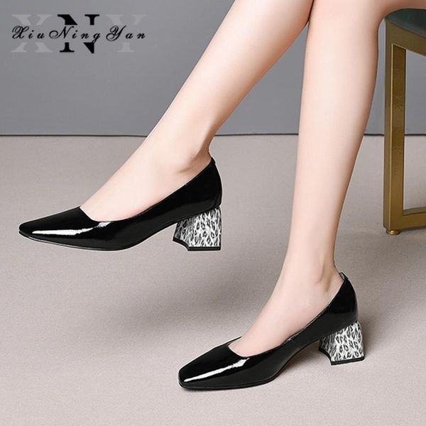 

women's pumps leopard print heel genuine leather square toe women casual shoes high heel woman office shoes ladies career, Black