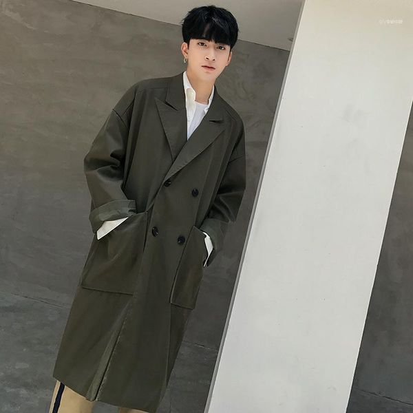 

korean style fashion long windbreaker casual loose men's outwear youthful wild windbreaker11, Tan;black